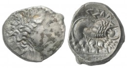 Celtic. Gaul, Southern. Insubres, 2nd century BC. AR Drachm (14mm, 2.75g, 3h). Imitating Massalia. Wreathed head of female r. R/ Lion standing r. CCCB...