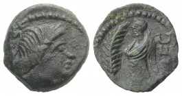 Celtic. Gaul, Southern. Volcae-Arecomici, c. 77-44 BC. Æ (14mm, 1.91g, 12h). Diademed head of Artemis r. R/ Togate male figure standing l.; palm to l....