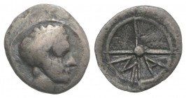 Gaul, Massalia, c. 218/5-200 BC. AR Hemiobol (9mm, 0.40g, 6h). Bare head of Apollo l. R/ MA within wheel of four spokes. Cf. Depeyrot, Hellénistiques ...