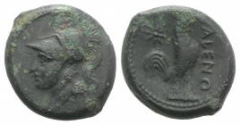 Northern Campania, Cales, c. 265-240 BC. Æ (19mm, 5.96g, 9h). Helmeted head of Athena l. R/ Cock standing r.; star to l. HNItaly 435; SNG ANS 188-195....