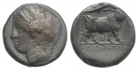 Southern Campania, Neapolis, c. 275-250 BC. AR Drachm (14.5mm, 3.25g, 12h). Head of nymph l. R/ Man-headed bull walking r.; above, Nike flying r., pla...