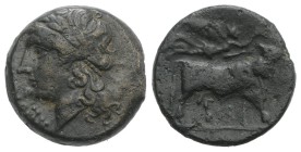 Southern Campania, Neapolis, c. 270-250 BC. Æ (18mm, 4.78g, 6h). Laureate head of Apollo l. R/ Man-headed bull standing r.; above, Nike flying r., pla...