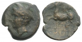 Eastern Italy, Frentani, mid 3rd century BC. Æ (19mm, 5.30g, 7h). Head of Hermes l., wearing winged petasos. R/ Pegasos rearing l.; tripod below. HNIt...