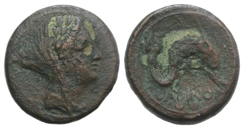 Eastern Italy, Larinum, c. 210-175 BC. Æ Binux (18mm, 4.35g, 12h). Veiled and wr...