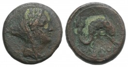 Eastern Italy, Larinum, c. 210-175 BC. Æ Binux (18mm, 4.35g, 12h). Veiled and wreathed head of female (Thetis?) r. R/ Dolphin r.; V above, two pellets...