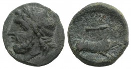 Northern Apulia, Arpi, 3rd century BC. Æ (20mm, 7.36g, 6h). Laureate head of Zeus l. R/ Boar r.; spear above. HNItaly 642; SNG ANS 635-8. Green patina...