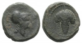 Northern Apulia, Arpi, c. 215-212 BC. Æ (14.5mm, 4.05g, 1h). Helmeted head of Athena r. R/ Bunch of grapes. HNItaly 650; SNG ANS 646. Green patina, Go...