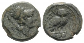 Northern Apulia, Teate, c. 225-200 BC. Æ Teruncius (22mm, 13.25g, 3h). Helmeted head of Athena r. R/ Owl standing r., head facing; three pellets below...