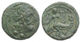 Southern Apulia, Brundisium, 2nd century BC. Æ Sextans (13mm, 1.82g, 4h). Wreathed head of Neptune r.; behind, Nike standing r. on trident, crowning h...