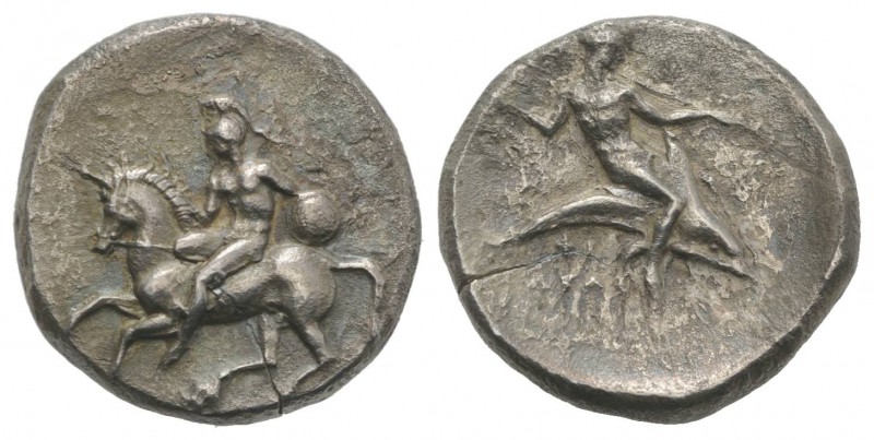 Southern Apulia, Tarentum, c. 350-345 BC. AR Nomos (22mm, 7.33g, 11h). Nude warr...