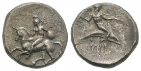 Southern Apulia, Tarentum, c. 350-345 BC. AR Nomos (22mm, 7.33g, 11h). Nude warror, shield on arm, dismounting from horse l. R/ Phalanthos, holding sp...