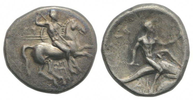 Southern Apulia, Tarentum, c. 280-272 BC. AR Nomos (20mm, 6.11g, 9h). Warrior on...