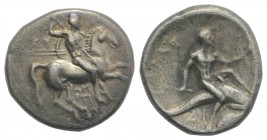 Southern Apulia, Tarentum, c. 280-272 BC. AR Nomos (20mm, 6.11g, 9h). Warrior on horseback r., holding shield and two spears, preparing to cast a thir...