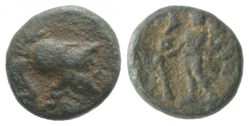 Southern Apulia, Uxentum, c. 150-125 BC. Æ (12mm, 2.09g, 12h). Helmeted head of ...