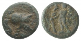 Southern Apulia, Uxentum, c. 150-125 BC. Æ (12mm, 2.09g, 12h). Helmeted head of Athena r. R/ Herakles standing l., holding club and cornucopia. HNItal...