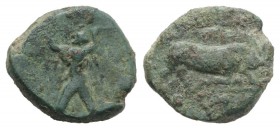 Northern Lucania, Poseidonia, c. 350-290 BC. Æ (15mm, 3.99g, 6h). Poseidon advancing l., wielding trident; Π to l. R/ Bull charging r. Grunauer XVII; ...