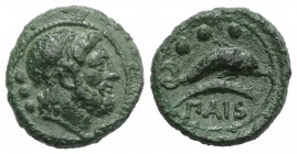 Northern Lucania, Paestum, c. 218-201 BC. Æ Quadrans (16mm, 3.51g, 9h). Head of Poseidon r.; three pellets behind. R/ Dolphin r.; three pellets above,...