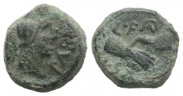 Northern Lucania, Paestum, c. 90-44 BC. Æ Semis (13mm, 4.50g, 7h). Helmeted and draped male bust r. R/ Clasped r. hands. Crawford 32; HNItaly 1250; SN...