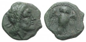 Northern Lucania, Velia, 4th-2nd centuries BC. Æ (13mm, 2.29g, 6h). Laureate head of Zeus r. R/ Owl standing facing, wings spread. HNItaly 1326; SNG A...