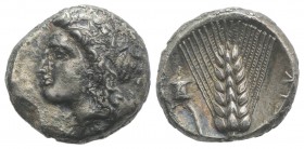 Southern Lucania, Metapontion, c. 330-290 BC. AR Stater (19.5mm, 7.08g, 6h). Wreathed head of Demeter l. R/ Barley ear with leaf to l.; lit altar abov...