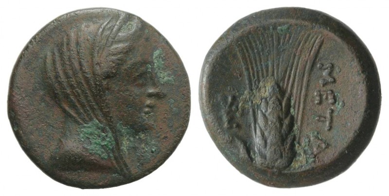 Southern Lucania, Metapontion, c. 300-250 BC. Æ (15mm, 2.63g, 11h). Veiled head ...