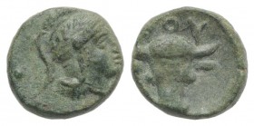 Southern Lucania, Thourioi, after 300 BC. Æ (8mm, 0.85g, 12h). Helmeted head of Athena r. R/ Bull head facing. HNItaly 1922; SNG ANS 1195; SNG Copenha...