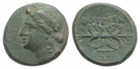 Southern Lucania, Thourioi, c. 280-213 BC. Æ (15mm, 3.16g, 6h). Laureate head of Apollo l. R/ Winged thunderbolt; monogram below. HNItaly 1927; SNG AN...