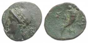 Southern Lucania, Thourioi, c. 280-213 BC. Æ (12mm, 1.28g, 2h). Laureate head of Apollo l.; monogram to r. R/ Cornucopia; ΣΩ to l., ΦΙ to r. HNItaly 1...