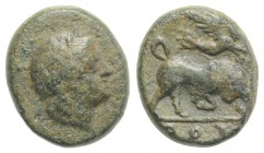 Southern Lucania, Thourioi, c. early 3rd century BC. Æ (11mm, 2.19g, 6h). Laureate head of Apollo r. R/ Bull charging r.; above, nike flying r., crown...
