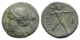 Bruttium, The Brettii, c. 214-211 BC. Æ Half Unit (16mm, 3.90g, 6h). Head of Nike l., wearing stephanos; grain ear behind neck. R/ Zeus standing r., w...