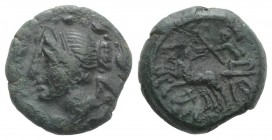 Bruttium, The Brettii, c. 208-203 BC. Æ Half Unit (16mm, 4.73g, 5h). Winged bust of Nike l., within laurel wreath. R/ Zeus driving galloping biga l.; ...
