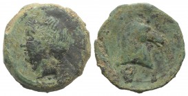 Bruttium, Carthaginian occupation, c. 215-205 BC. Æ Unit (26mm, 11.36g, 1h). Head of Tanit-Demeter l., wearing wreath of grain ears. R/ Head of horse ...