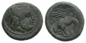 Bruttium, Kroton, c. 350-300 BC. Æ (19mm, 6.76g, 9h). Head of Herakles r., wearing lion skin. R/ Eagle r., alighting on snake. HNItaly 2218; SNG ANS 4...
