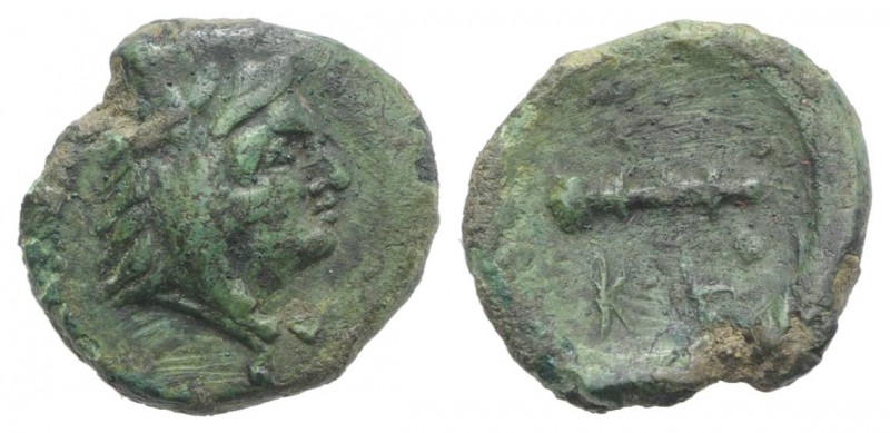 Bruttium, Kroton, c. 350-300 BC. Æ (11mm, 1.14g, 9h). Head of Herakles r., weari...