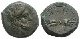 Bruttium, Lokri Epizephrioi, c. 300-268 BC. Æ (22mm, 10.66g, 9h). Laureate head of Zeus r. R/ Thunderbolt. HNItaly 2358; SNG ANS 540 var. (head l.). B...
