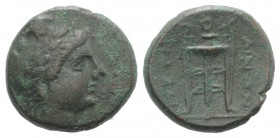 Bruttium, Petelia, late 3rd century BC. Æ (17mm, 5.35g, 7h). Laureate head of Apollo r. R/ Tripod. HNItaly 2455; SNG ANS 603. Green patina, VF