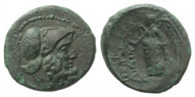 Bruttium, Petelia, late 3rd century BC. Æ (16mm, 3.01g, 12h). Helmeted head of Ares r. R/ Nike standing l., holding wreath. HNItaly 2456; SNG ANS 607....