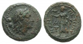 Bruttium, Petelia, late 3rd century BC. Æ Sextans (15mm, 3.16g, 3h). Laureate head of Apollo r. R/ Artemis Phosphoros standing l.; two monograms to l....