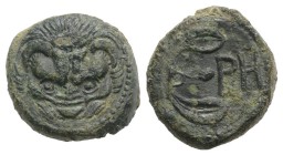 Bruttium, Rhegion, c. 425/0-415/0 BC. Æ Pentonkion(?) (15mm, 4.25g, 5h). Facing lion scalp. R/ Ethnic between olive leaves. HNItaly 2520; SNG ANS 680-...
