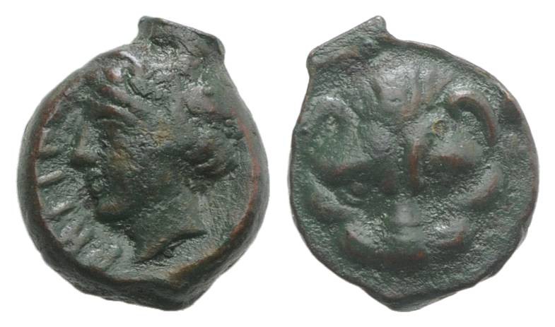 Bruttium, Rhegion, c. 415/0-387 BC. Æ (11mm, 1.52g, 12h). Facing lion's scalp. R...
