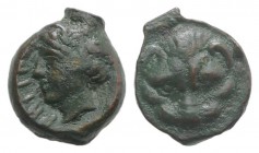 Bruttium, Rhegion, c. 415/0-387 BC. Æ (11mm, 1.52g, 12h). Facing lion's scalp. R/ Laureate head of Apollo l. HNItaly 2527; SNG ANS -. Green patina, Go...