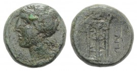 Bruttium, Rhegion, c. 260-215 BC. Æ (18mm, 5.67g, 6h). Laureate head of Apollo l. R/ Ornate tripod. HNItaly 2543; cf. SNG ANS 708-24 (symbol behind he...