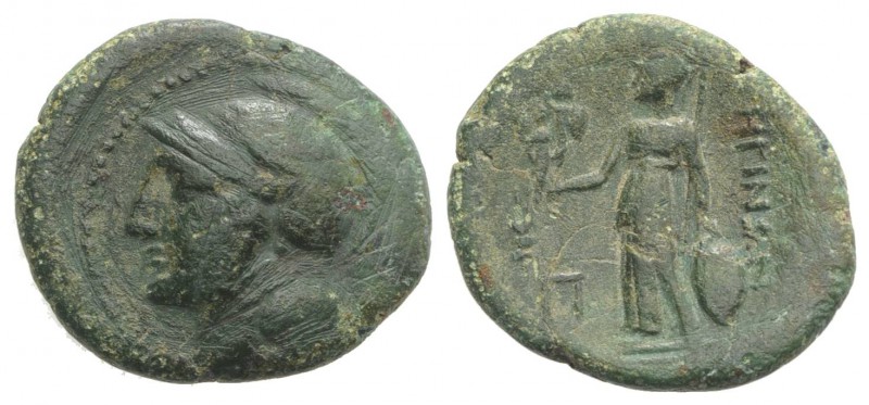Bruttium, Rhegion, c. 215-150 BC. Æ (23mm, 5.27g, 6h). Head of Athena l., wearin...
