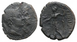 Bruttium, Rhegion, c. 215-150 BC. Æ Tetrachalkon (16mm, 2.51g, 6h). Jugate heads of the Dioskouroi r., wearing piloi and laurel wreaths; spear-head to...