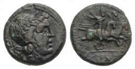 Bruttium, Rhegion, c. 215-150 BC. Æ (12.5mm, 2.13g, 12h). Laureate head of Apollo r.; XII to l. R/ Dioscuri galloping r. HNItaly 2563; SNG ANS 798-9. ...