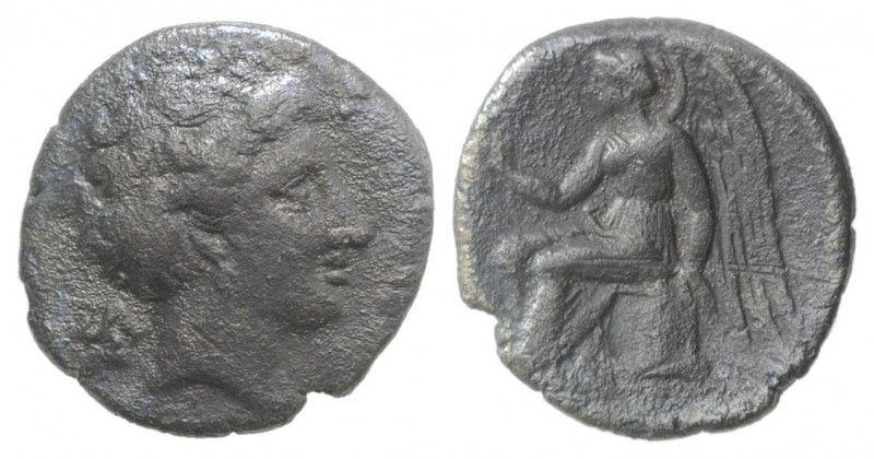 Bruttium, Terina, c. 300 BC. AR Drachm (15mm, 2.10g, 11h). Head of nymph r.; tri...