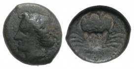 Bruttium, Terina, c. 350-275 BC. Æ (15mm, 4.14g, 11h). Head of nymph l. R/ Crab; crescent between claws. HNItaly 2646; SNG ANS 889-94. Good Fine