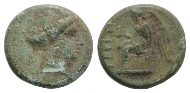 Bruttium, Terina, c. 350-275 BC. Æ (12 mm, 1.88g, 12h). Female head r. R/ Nike s...