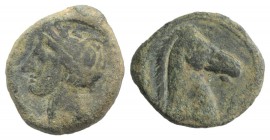 Carthaginian Domain, Sardinia, c. 264-241 BC. Æ (20mm, 4.35g, 3h). Wreathed head of Kore-Tanit l. R/ Head of horse r. Piras 1; SNG Copenhagen (Africa)...