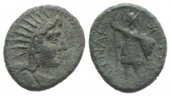 Sicily, Aitna, c. 210-150 BC. Æ Tetras (18.5mm, 3.85g, 12h). Radiate head of Helios r. R/ Warrior standing facing, head r., holding spear and shield; ...